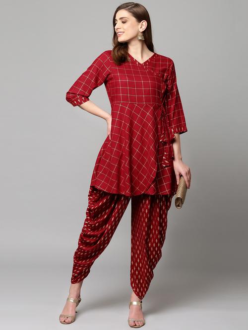 Foil print checks angrakha kurta with salwar set - 16059086 - Standard Image - 1