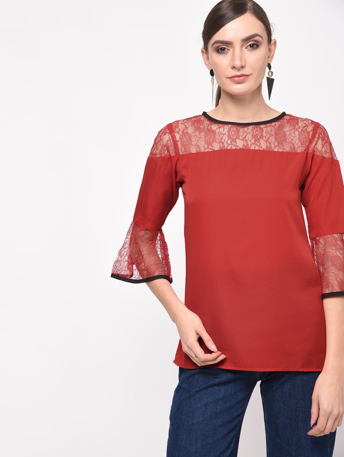contrast piped floral lace panel top - 16059491 - Zoom Image - 1