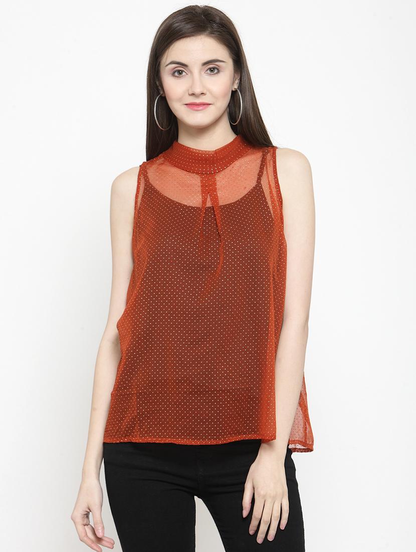mock neck pin dots sheer top - 16061584 - Zoom Image - 1