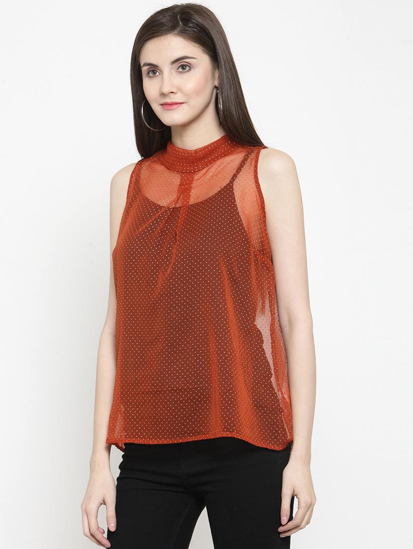mock neck pin dots sheer top - 16061584 - Zoom Image - 2