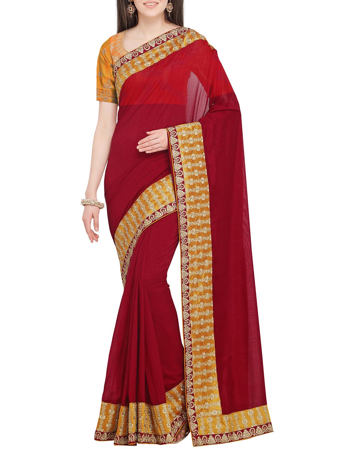 Embroidery bordered plain saree with blouse - 16063493 - Zoom Image - 1