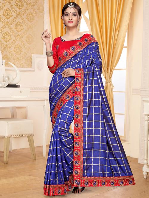 checkered embroidered border saree with blouse - 16064955 - Standard Image - 1