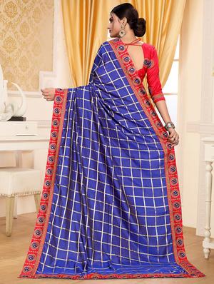 checkered embroidered border saree with blouse - 16064955 - Standard Image - 2