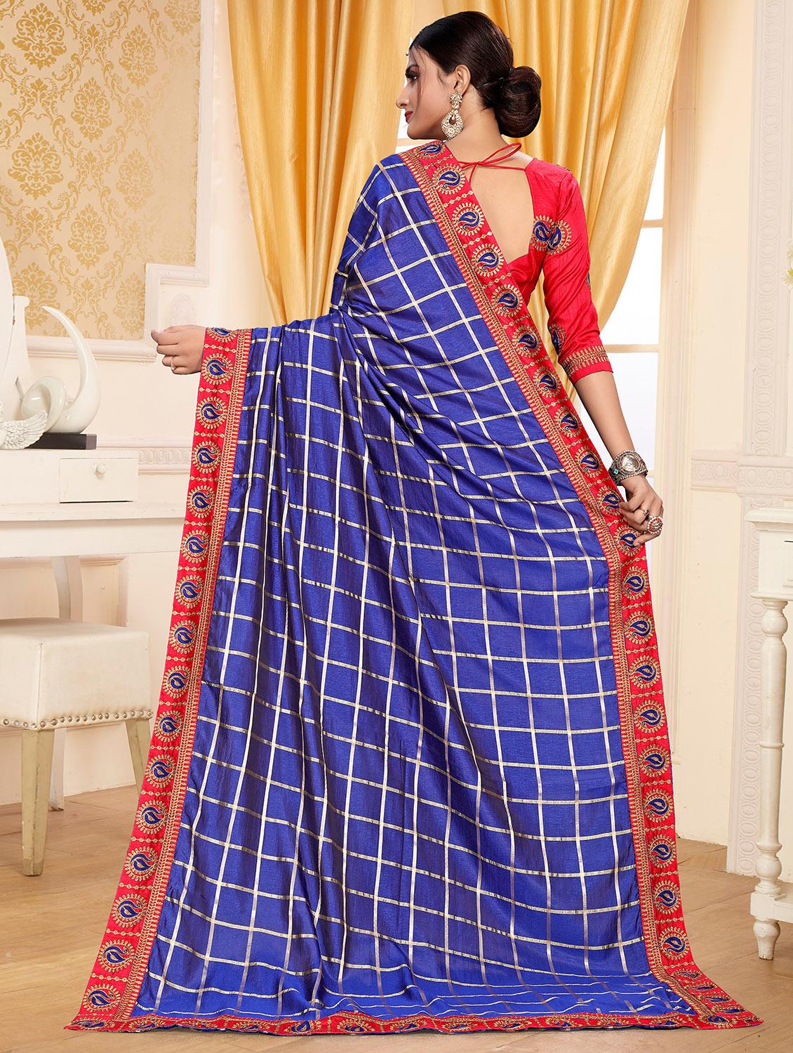 checkered embroidered border saree with blouse - 16064955 - Zoom Image - 2