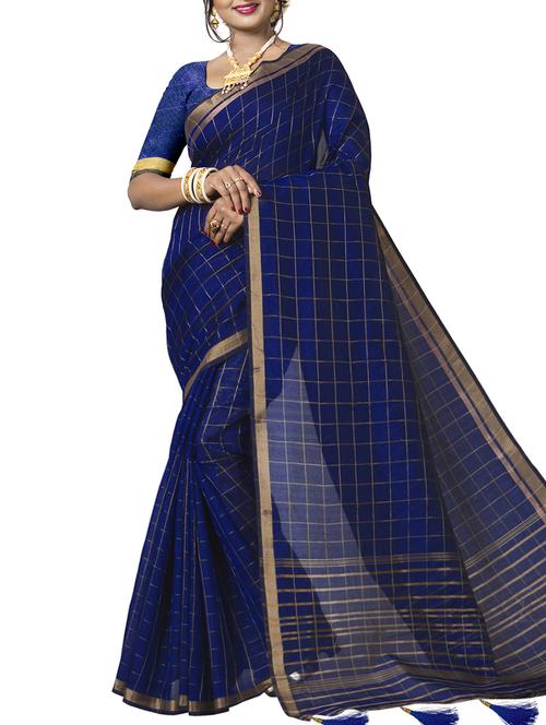 checkered blue tussar saree with blouse - 16065180 - Very Small Image - 1