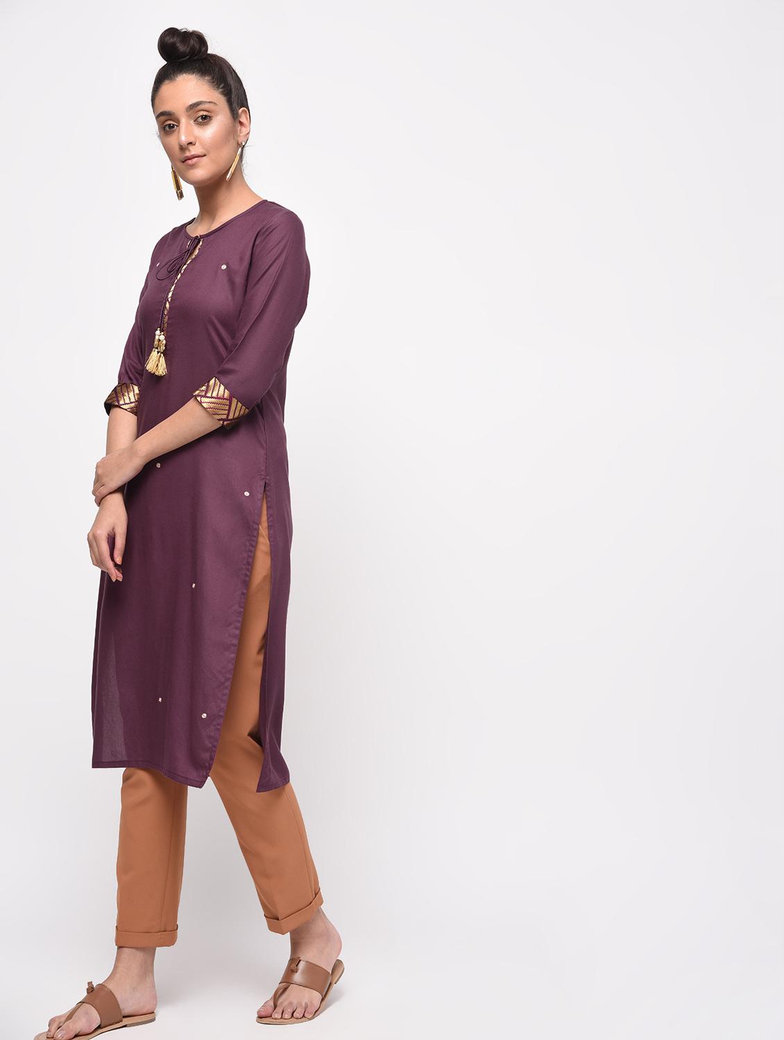 purple solid straight kurta - 16067317 - Zoom Image - 1