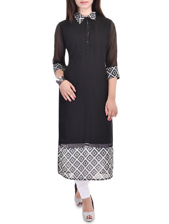 solid contrast straight kurta - 16072260 - Zoom Image - 1