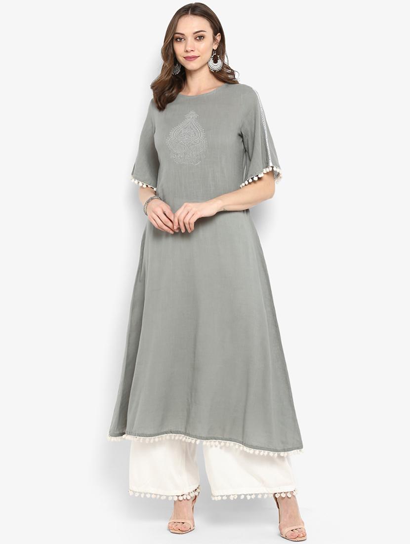 ethnic motif solid kurta with palazzo set - 16077701 - Zoom Image - 1