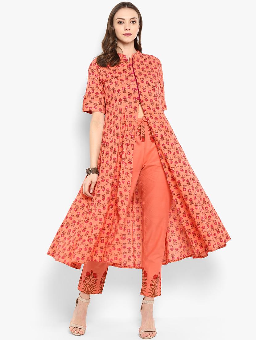 floral print front open kurta with pant set - 16077703 - Zoom Image - 1