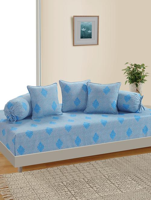 Blue Motifs Diwan Set with Bolster and Cushion Covers (Set of 6) - 16080138 - Standard Image - 1