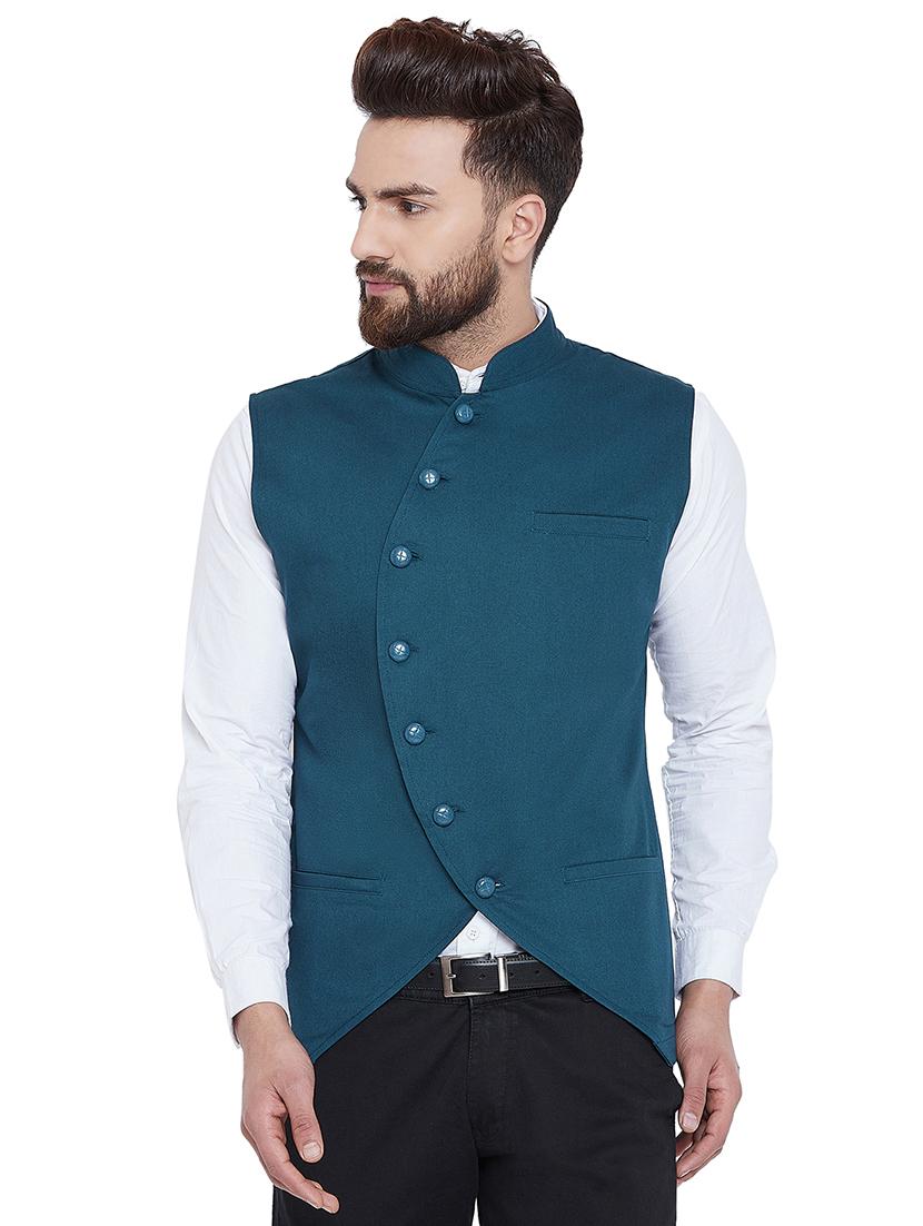 blue cotton nehru jacket - 16087061 - Zoom Image - 1