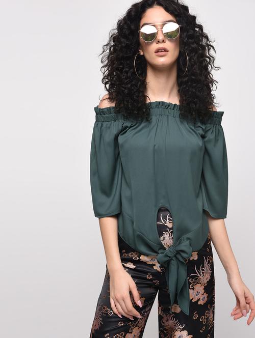 tie knot hem off shoulder top - 16087402 - Standard Image - 1