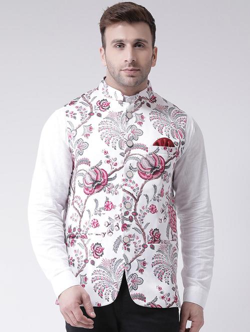 white floral printed nehru jacket - 16089796 - Standard Image - 1
