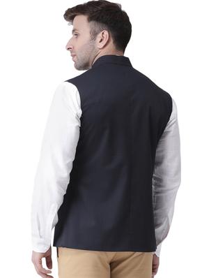 navy blue cotton nehru jacket - 16089802 - Standard Image - 3