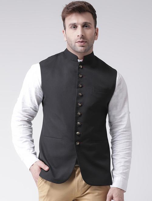 black solid nehru jacket - 16089806 - Standard Image - 1