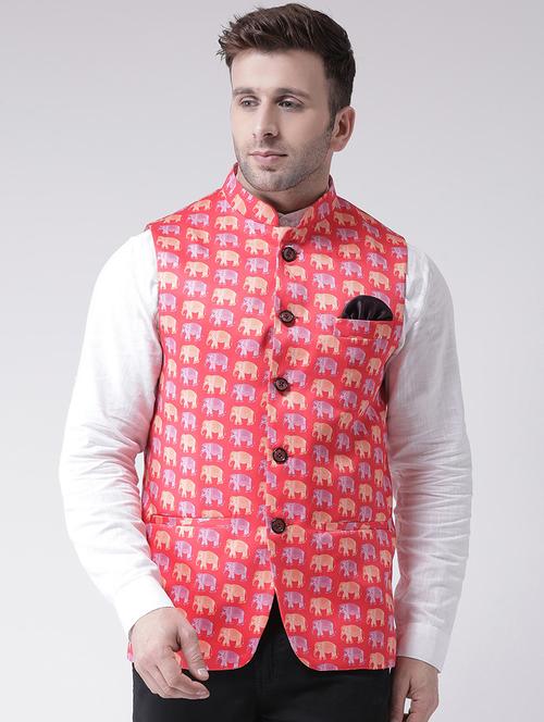 red printed nehru jacket - 16089819 - Standard Image - 1