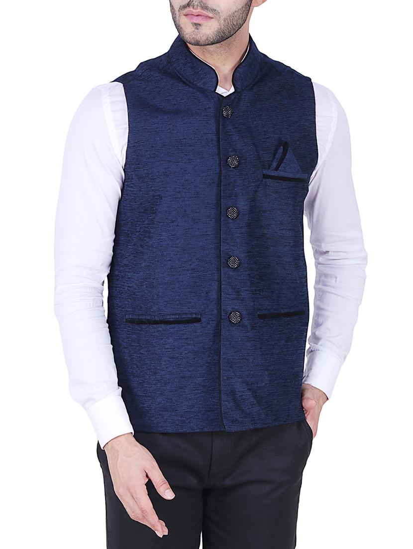 navy blue velvet nehru jacket - 16090989 - Zoom Image - 1