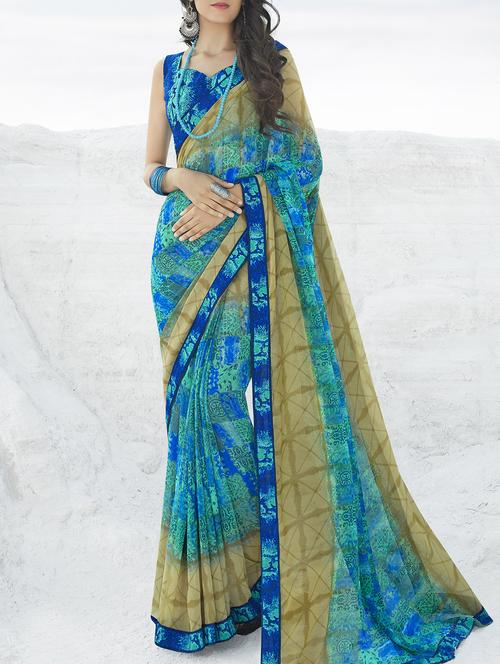 turquoise ethnic motifs printed saree with blouse - 16094134 - Standard Image - 1
