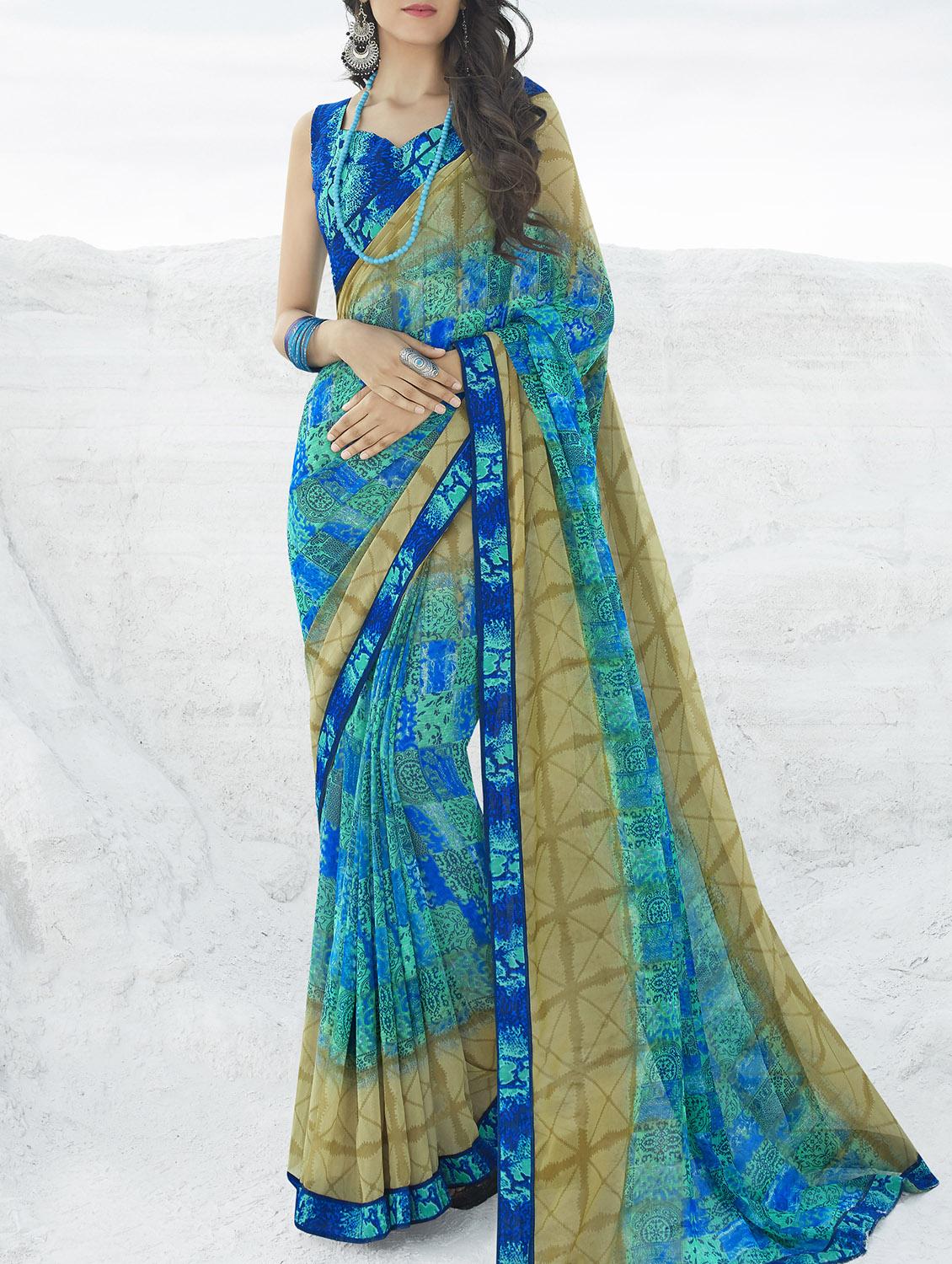 turquoise ethnic motifs printed saree with blouse - 16094134 - Zoom Image - 1