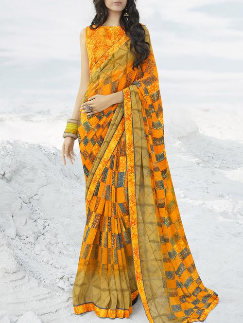 orange checkered printed saree with blouse - 16094143 - Standard Image - 1