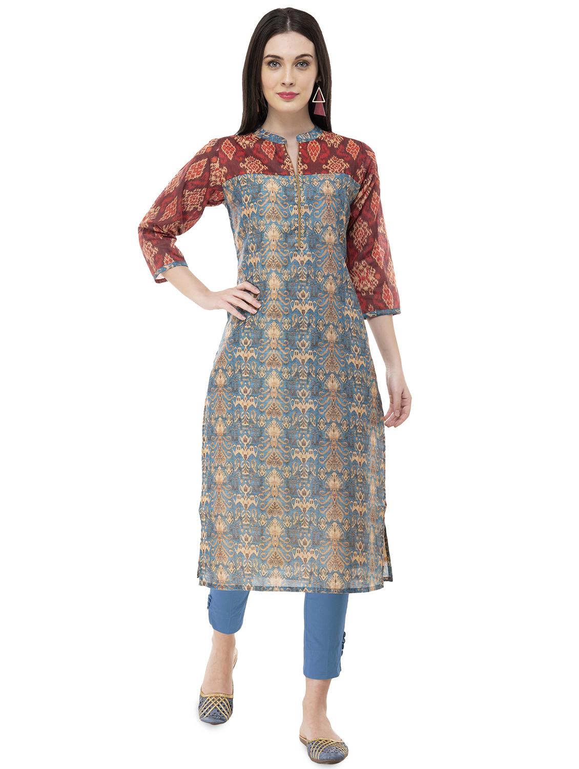 Printed contrast straight kurta - 16094429 - Zoom Image - 1