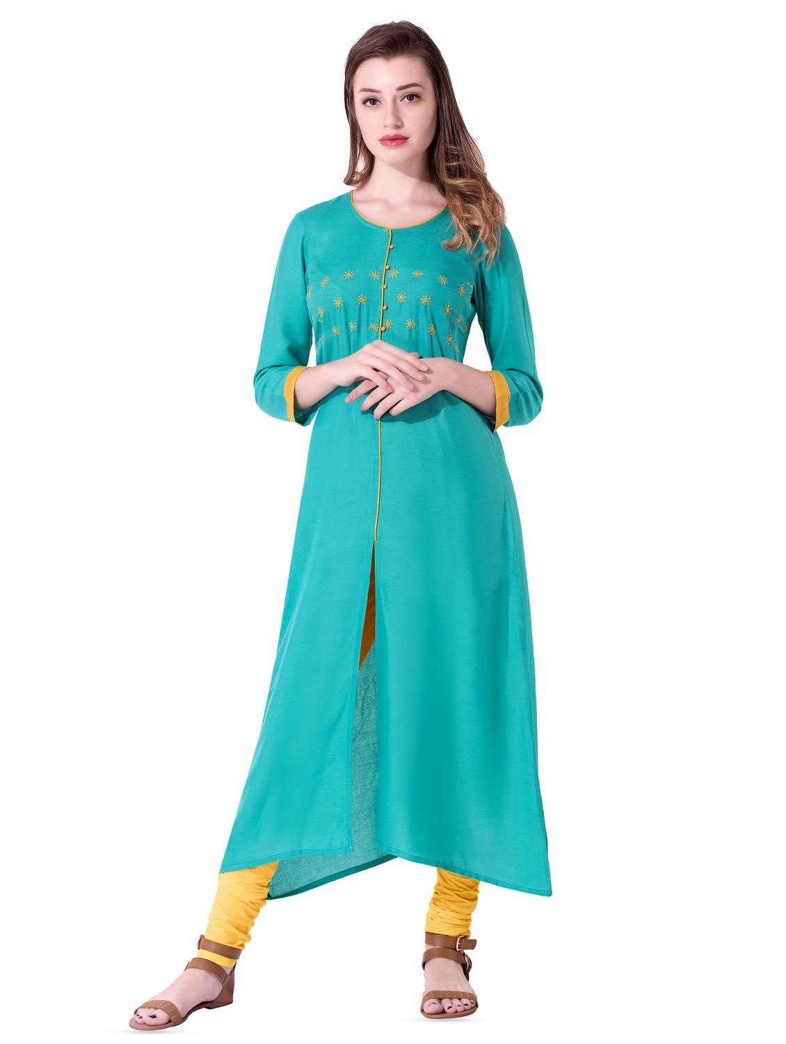 embroidered turquoise kurta - 16095882 - Zoom Image - 1