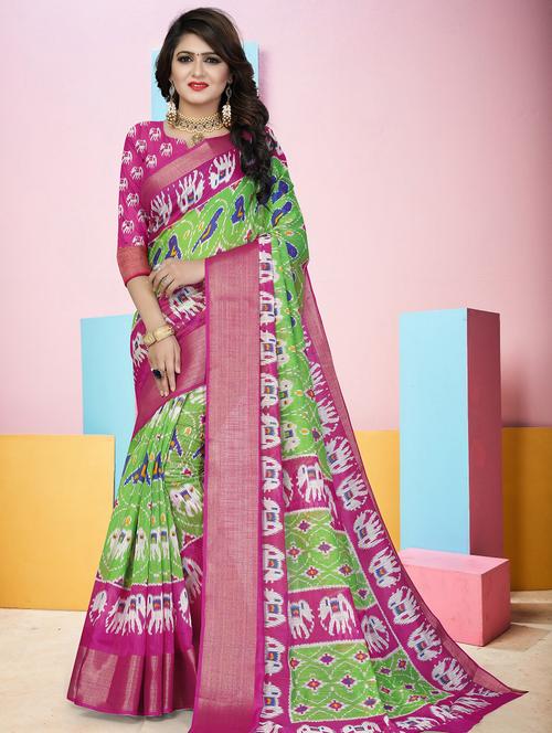 contrast zari border ikat saree with blouse - 16097356 - Standard Image - 1