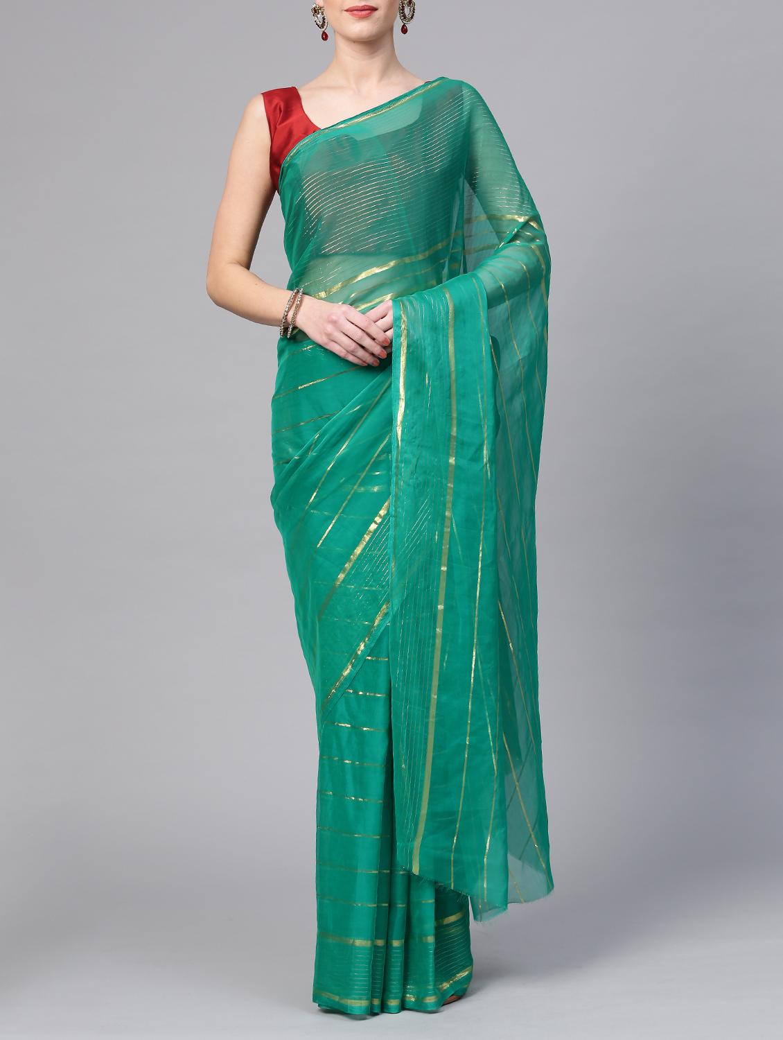 striped foil printed saree with blouse - 16103397 - Zoom Image - 1