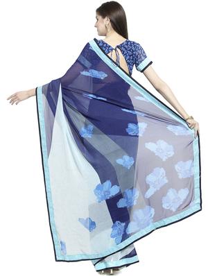 blue digital floral printed saree with blouse - 16105432 - Standard Image - 2