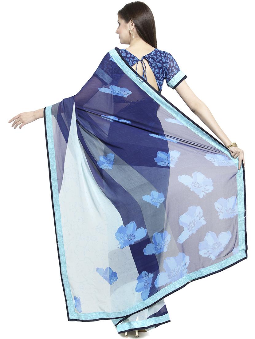 blue digital floral printed saree with blouse - 16105432 - Zoom Image - 2