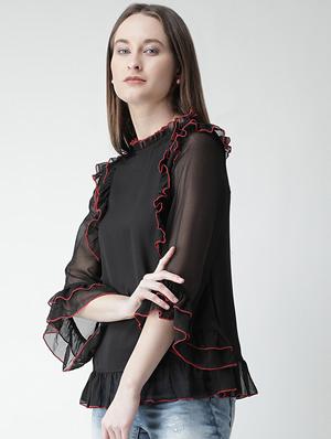 contrast stitch detail ruffle top - 16106230 - Standard Image - 2