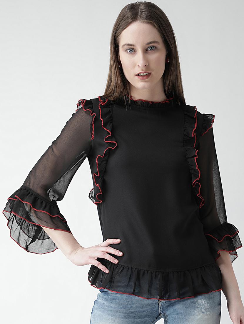 contrast stitch detail ruffle top - 16106230 - Zoom Image - 1