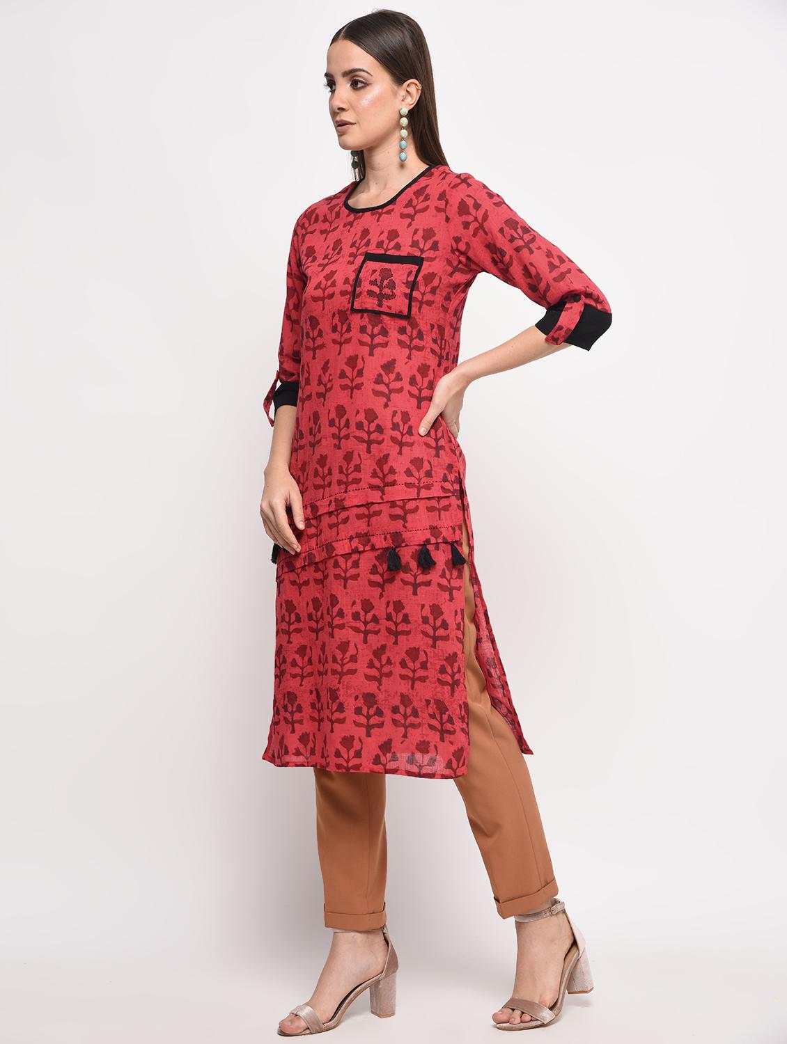 printed straight kurta with tassels - 16108293 - Zoom Image - 2