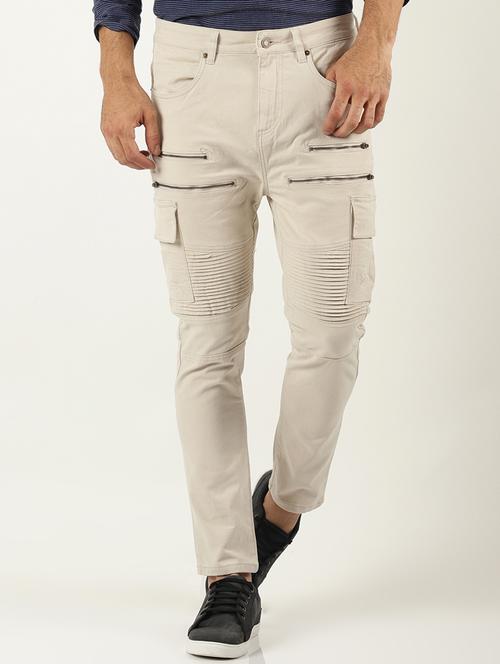 beige solid cargos - 16108808 - Standard Image - 1