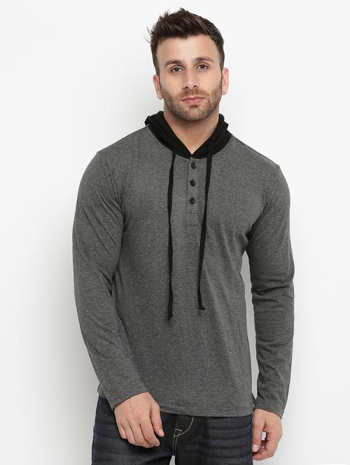 grey solid hooded tshirt - 16109795 - Standard Image - 1