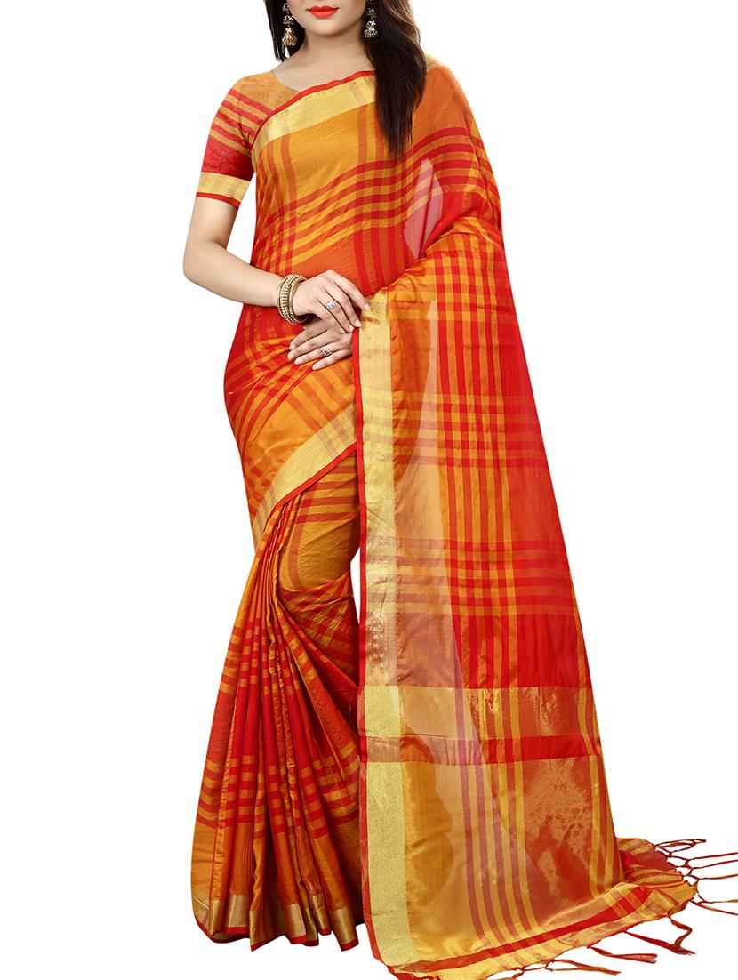 red silk blend plain saree with blouse - 16109936 - Zoom Image - 1