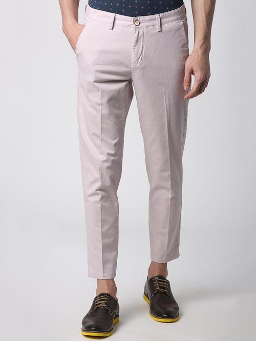 beige solid flat front casual trouser - 16112221 - Standard Image - 1