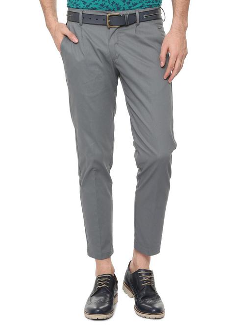 grey solid flat front casual trouser - 16112222 - Standard Image - 1