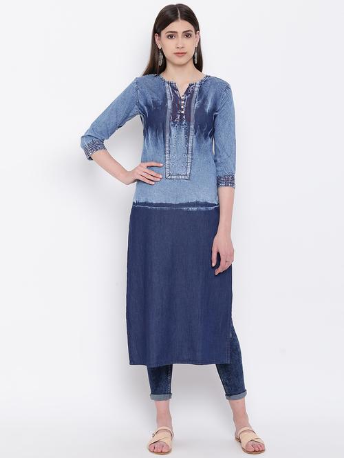 embroidered denim straight kurta - 16113955 - Standard Image - 1