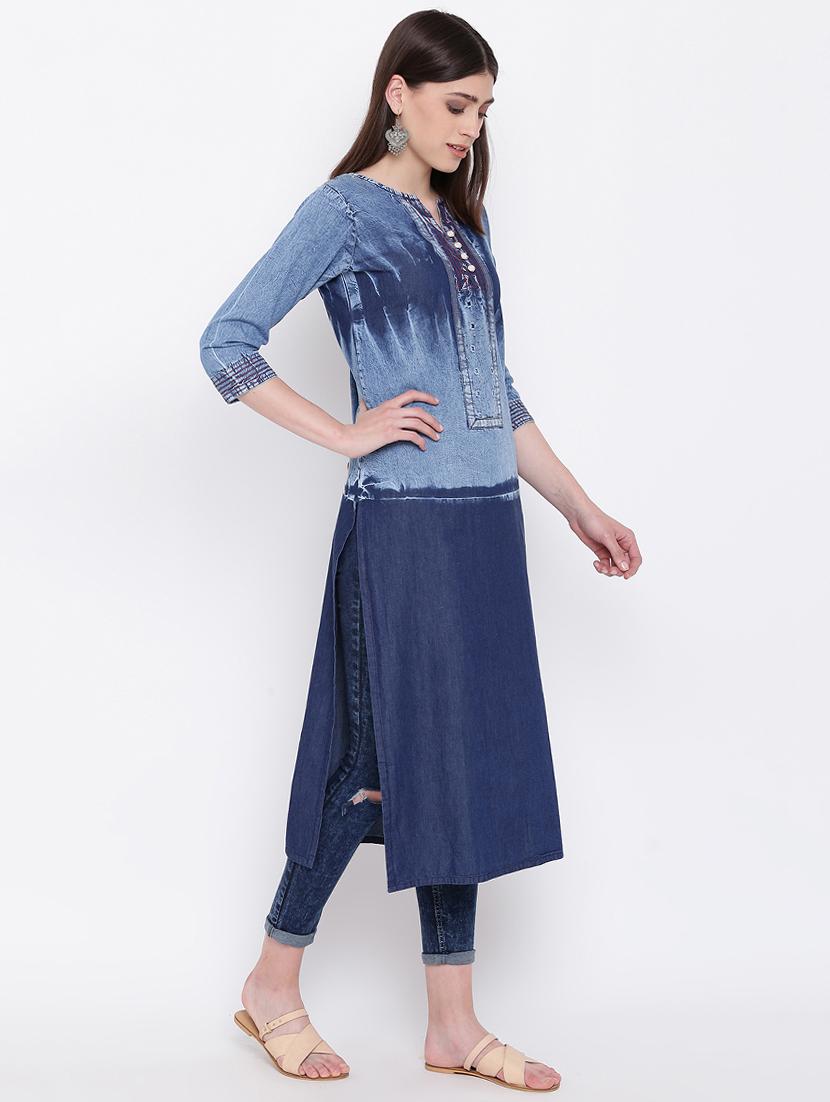 embroidered denim straight kurta - 16113955 - Zoom Image - 2