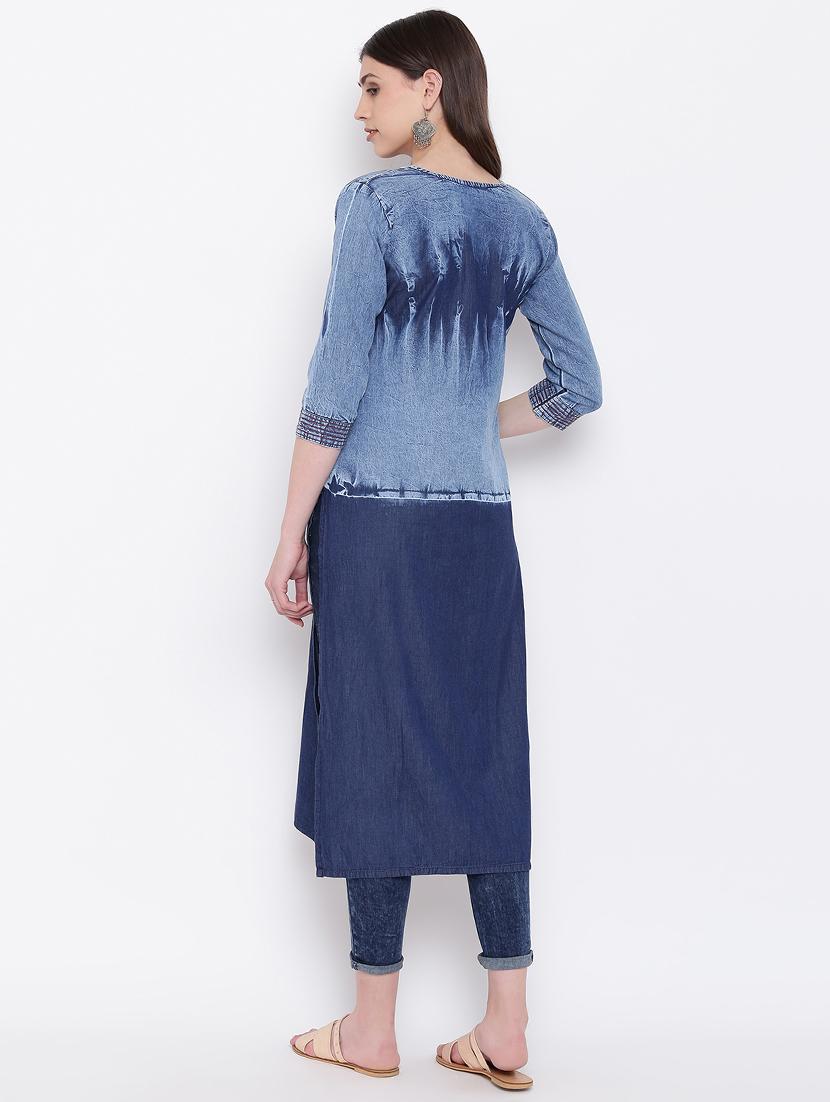 embroidered denim straight kurta - 16113955 - Zoom Image - 3