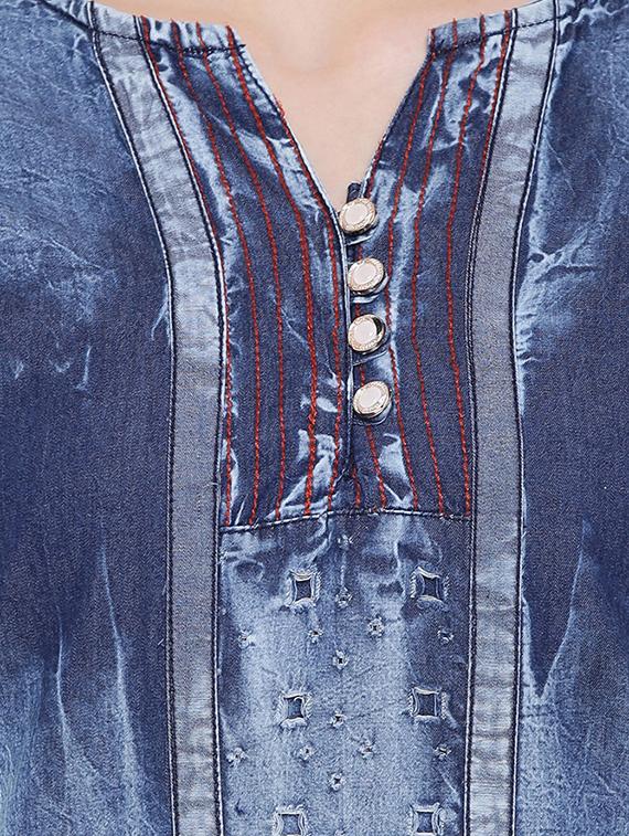 embroidered denim straight kurta - 16113955 - Zoom Image - 4