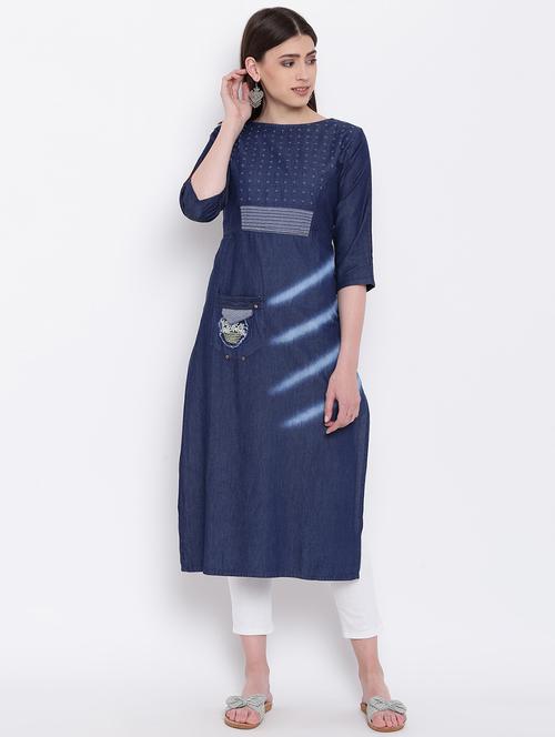 patchwork denim straight kurta - 16113957 - Standard Image - 1
