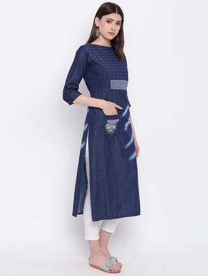 patchwork denim straight kurta - 16113957 - Standard Image - 2