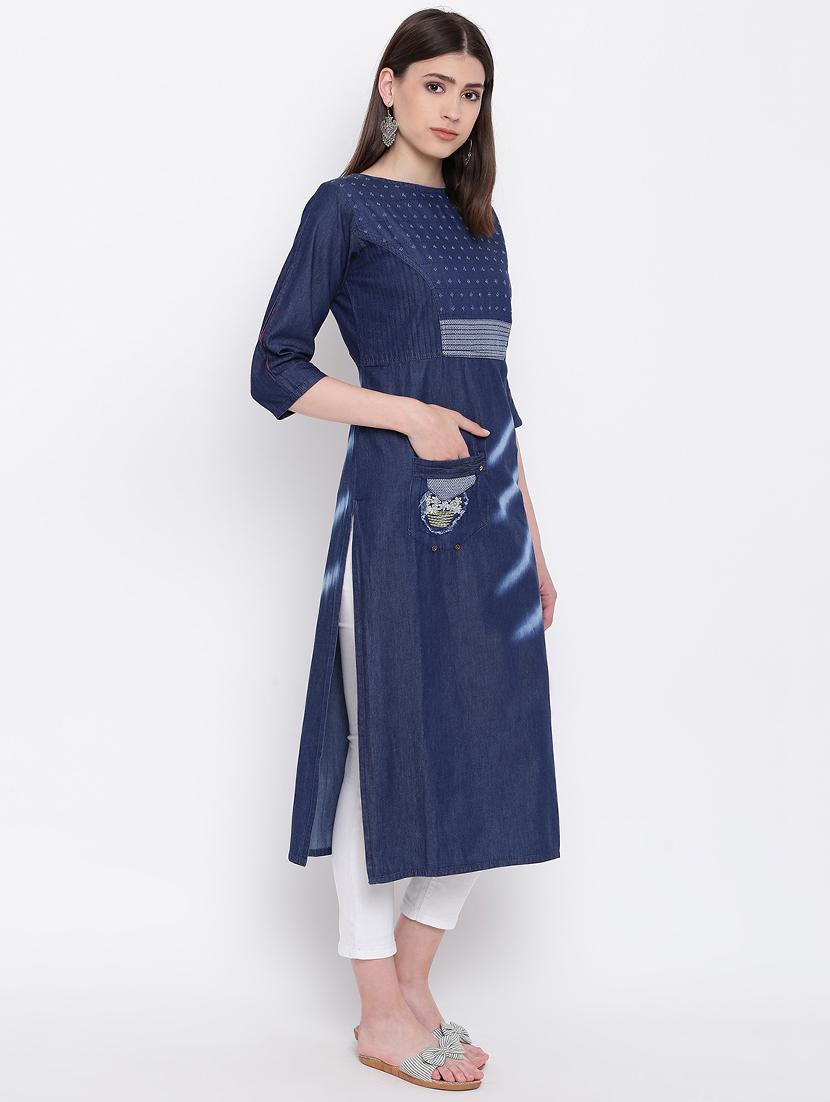 patchwork denim straight kurta - 16113957 - Zoom Image - 2