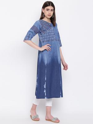 pintucks denim straight kurta - 16113961 - Standard Image - 2