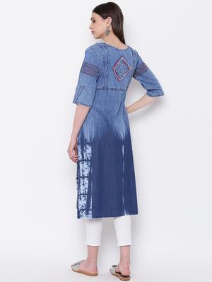 pintucks denim straight kurta - 16113961 - Standard Image - 3