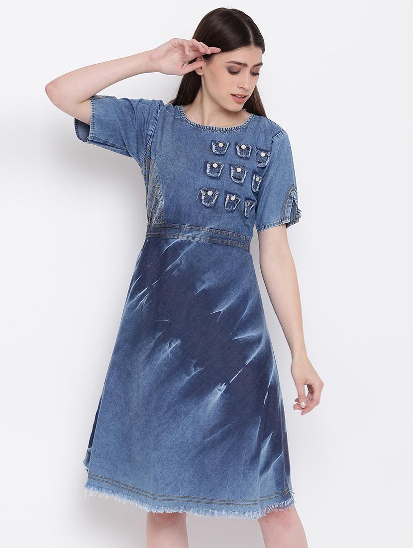 frayed detail embellished denim dress - 16113966 - Zoom Image - 1