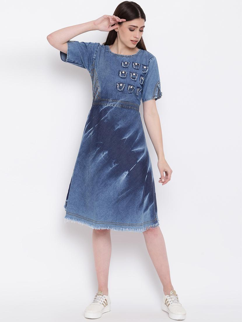frayed detail embellished denim dress - 16113966 - Zoom Image - 4