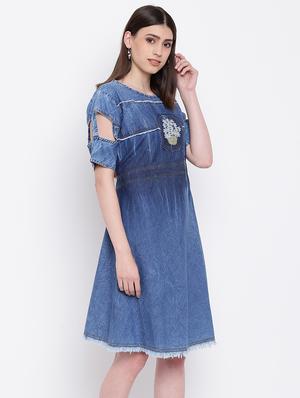 cut out sleeved embroidered denim dress - 16113971 - Standard Image - 2
